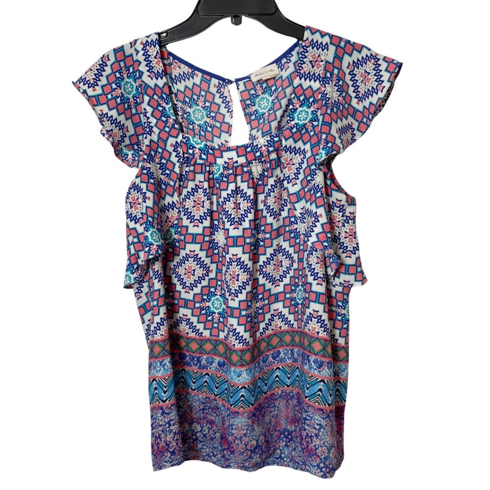 Meadow Rue Anthro Flutter Sleeve Square Neck Blouse Blue 4 Open Back Aztec